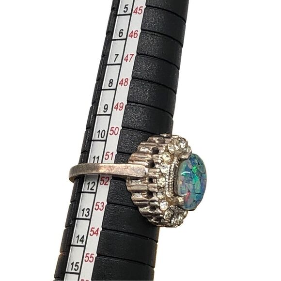 Vintage Estate Sterling Silver Art Deco Cocktail Ring Size 6 Blue Center Opal - Picture 13 of 16